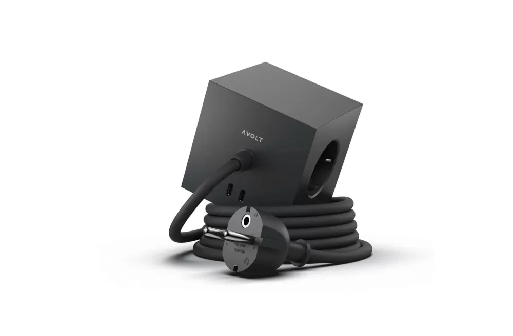 Avolt Square 1 USB-C Mehrfachsteckdose 3-fach Schuko, 2 USB-C 30W, Stockholm Black, minimalistisch, ideal für Zuhause & Büro