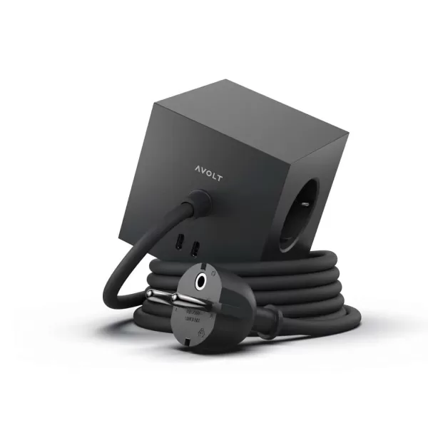 Avolt Square 1 USB-C Mehrfachsteckdose 3-fach Schuko, 2 USB-C 30W, Stockholm Black, minimalistisch, ideal für Zuhause & Büro