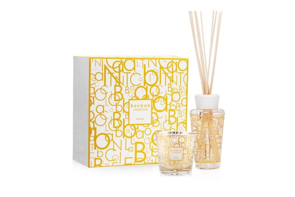 Baobab Aurum Geschenk-Set: Duftkerze & Raumduft-Diffuser, Jasmin & Moschus, 250ml, edle Geschenkbox, My First Baobab Kollektion