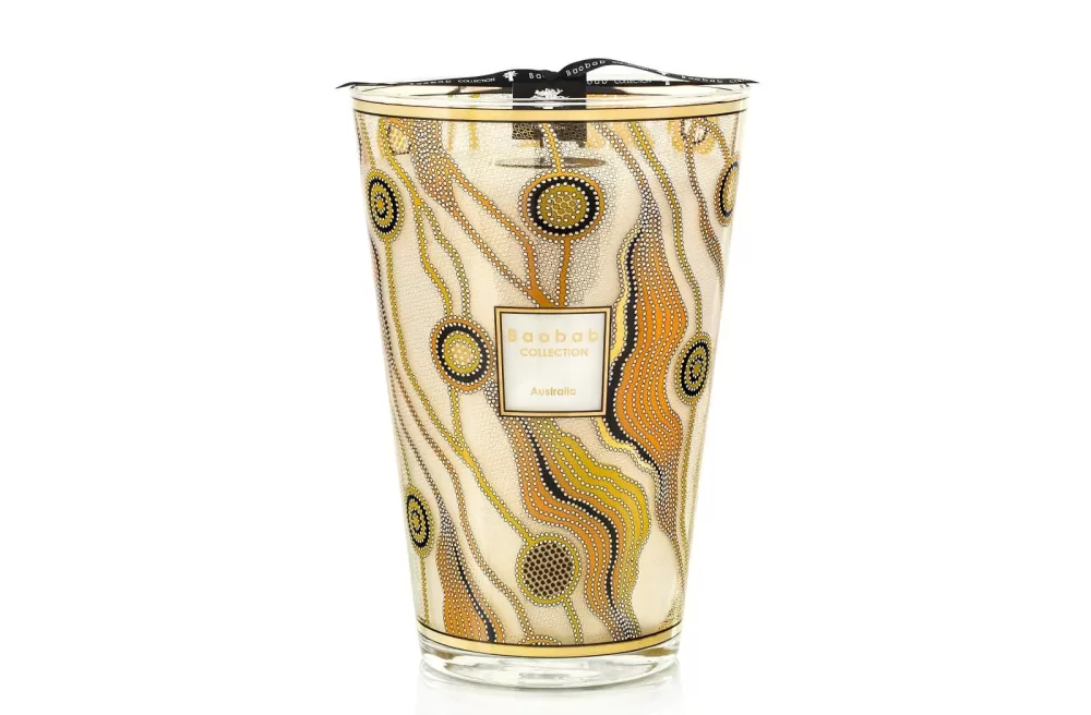 Baobab Australia Limited Edition Duftkerze Max 35 - Eukalyptus, Neroli, Moschus, 24-karätiger Gold-Siebdruck, Kunst der Ureinwohner