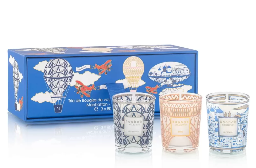 Baobab Trio Travel Candles Set | My First Baobab | Manhattan, Paris, Mykonos | Duftkerzen in Geschenkbox, Blau