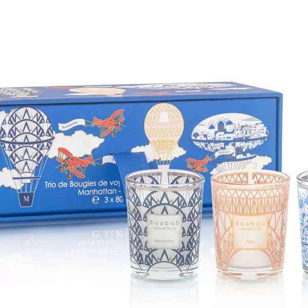 Baobab Trio Travel Candles Set | My First Baobab | Manhattan, Paris, Mykonos | Duftkerzen in Geschenkbox, Blau