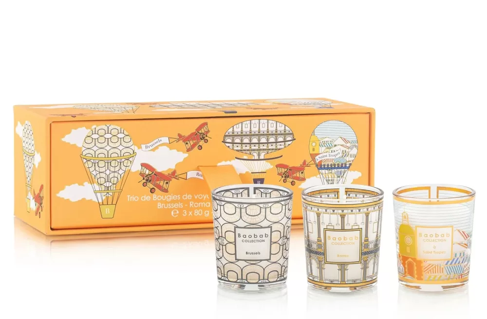 Baobab Trio Travel Candles Set - My First Baobab | Brussels, Roma, Saint Tropez | Elegante Geschenkbox in Orange