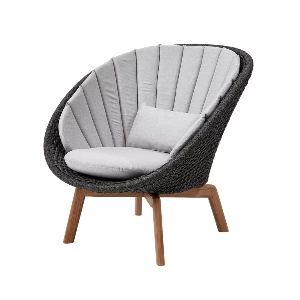 Cane-line Peacock Loungesessel - Soft Rope Dark Grey mit Light Grey Kissen, Teakholz Beine, wetterfest & pflegeleicht, 91x93x87 cm