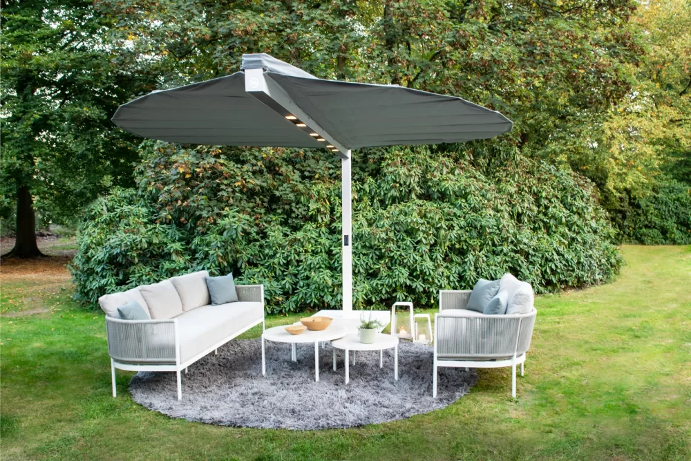 Heatsail Leaf Sonnenschirm mit Heizung, Licht & Kühlung - 4,6x3,6m, Midnight/Black, patentierte Beschattungslösung, automatischer Windverschluss