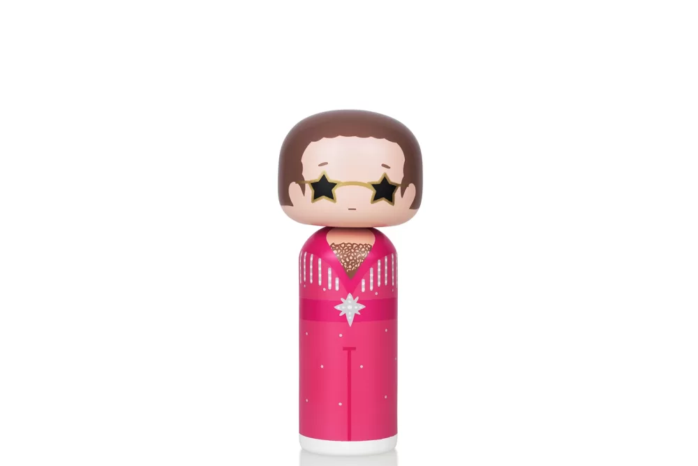 Lucie Kaas Kokeshi Puppe Elton Pink, Large - Handbemalt aus Erlenholz, 21,5 cm, Design von Becky Kemp, Ikone der Musik- und Popkultur