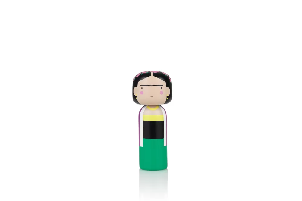 Lucie Kaas Kokeshi Puppe Frida Kahlo - Handbemalt, Größe S (14,5 cm), Schima Superba-Holz, Designerin Becky Kemp, Skurrile Kunstfigur