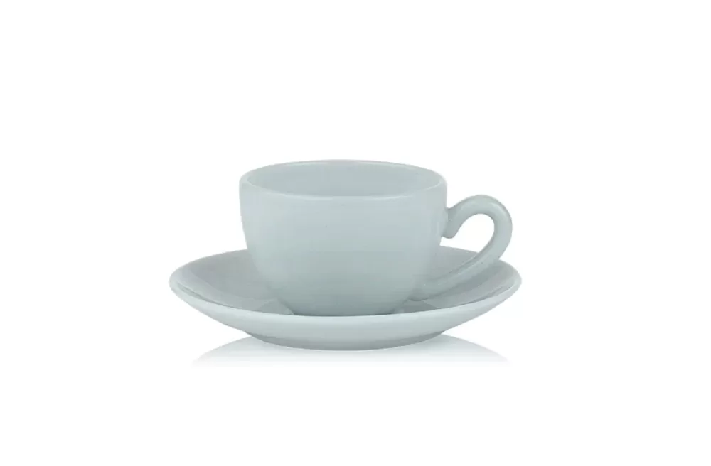 Lucie Kaas Milk Tasse mit Untertasse Blue Fog – Handgefertigtes Opalglas, mikrowellen- und spülmaschinenfest, moderne Pastellfarben, 7-teiliges Set