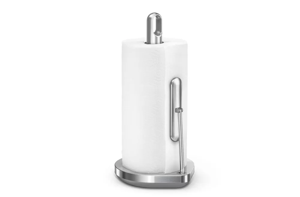 simplehuman Küchenrollenhalter aus gebürstetem Edelstahl mit Spannarm, stabiler Standfuß, für Rollen bis 17 cm Breite, einhändige Bedienung