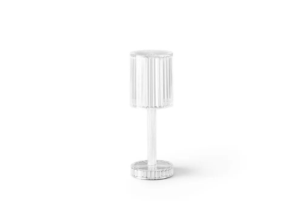 Vondom Gatsby Cylinder Designer-Tischlampe mit Touch-Dimmer, Akku, 24,6 cm, transparent, modernes Lichtspiel, Ramon Esteve Design