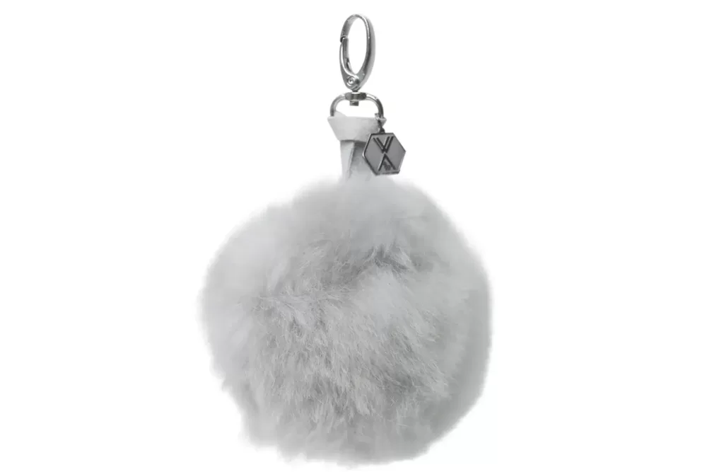 WEICH Couture Alpaca Pompon Schlüsselanhänger CLAVE - Offwhite Grau, 100% Royal Alpaca, hypoallergen, staubabweisend, exklusiver Geschenkkarton