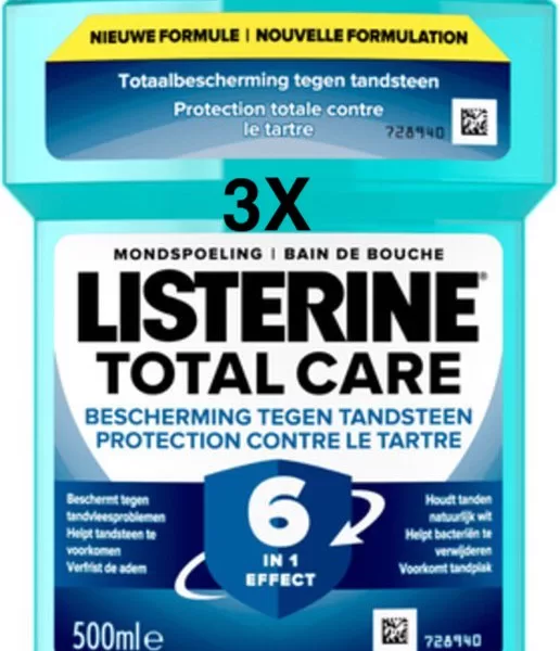 3x Listerine Mondwater Total Care Anti-Tandsteen 500ml - Vermindert Tandsteen, Verwijdert 99% Bacteriën, Frisse Adem, Natuurlijk Witte Tanden