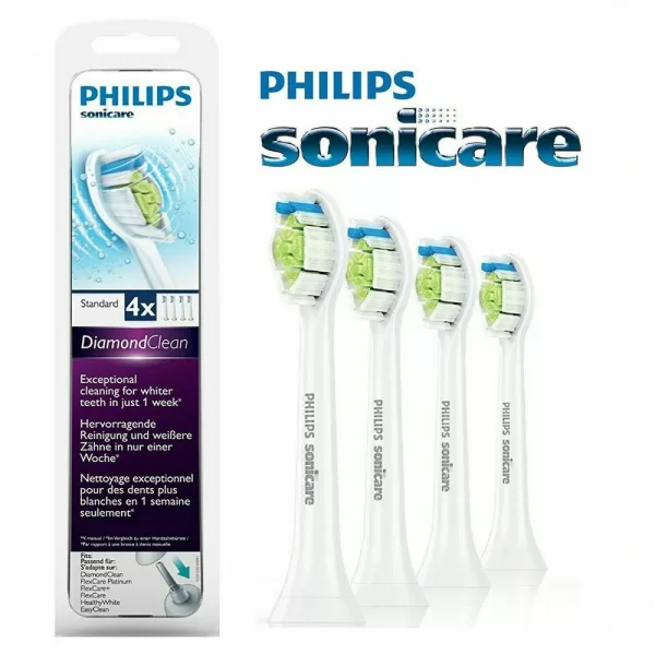 Philips Sonicare DiamondClean HX6064/6013 Ersatzbürsten 4er Set – Weiße Aufsteckbürsten für optimale Zahnreinigung