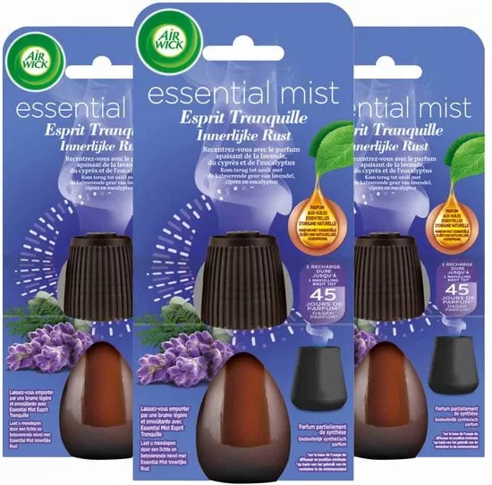 Air Wick Essential Mist Navulling Innerlijke Rust – 3x20ml, Natuurlijke Essentiële Oliën, 45 Dagen Geur, 3 Instellingen, Batterijwerking