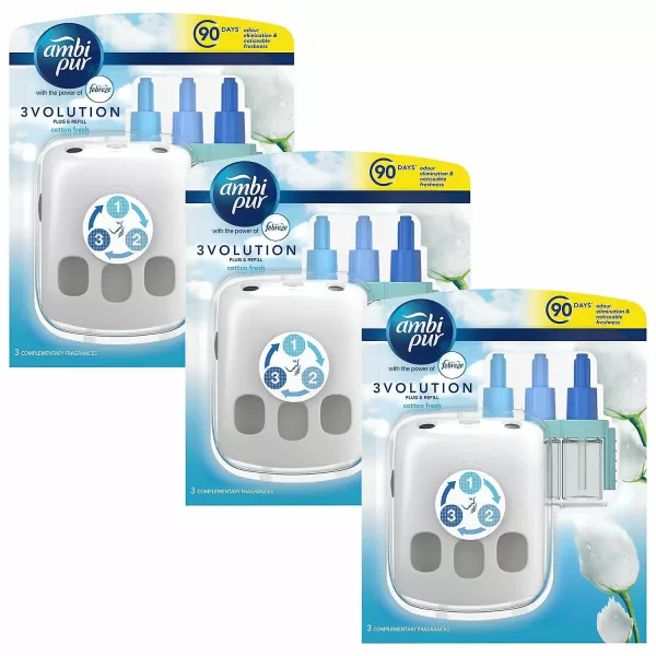 Ambi Pur 3-Volution Cotton Fresh Plug-in Starter Kit – 3er Set, 90 Tage Duft, Geruchsneutralisierung, einstellbare Intensität, frischer Baumwollduft