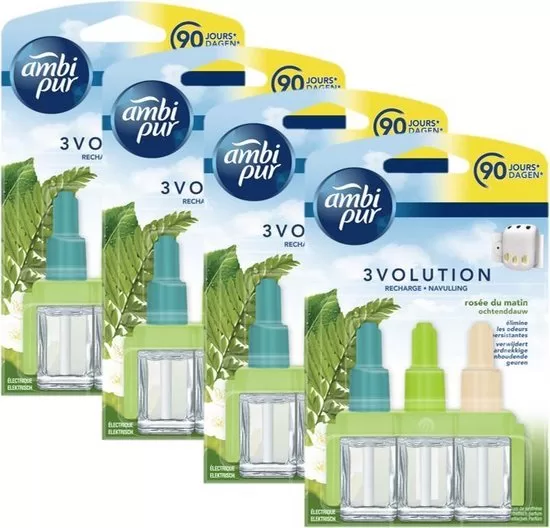 Ambi Pur 3Volution Ochtend Dauw Luchtverfrisser Navulling - Voordeelverpakking 4x20ml - Elimineert Geur, 90 Dagen Frisheid, Regelbare Intensiteit