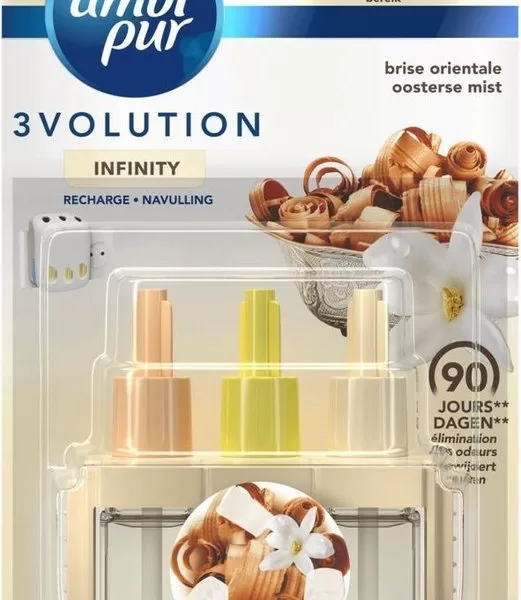 Ambi Pur 3Volution Oosterse Mist Navulling 20ml - 9x Verfrissende Geuren, 90 dagen, OdourClear Technologie, Versterkte Houtgeur