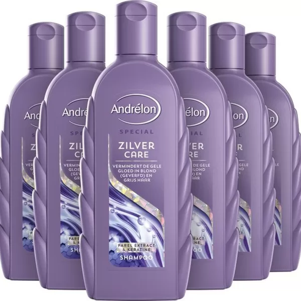 Andrélon Zilver Care Shampoo 6x300ml – Voordeelverpakking voor Blond & Grijs Haar – Vermindert Gele Gloed, Verrijkt met Parel Extract & Keratine