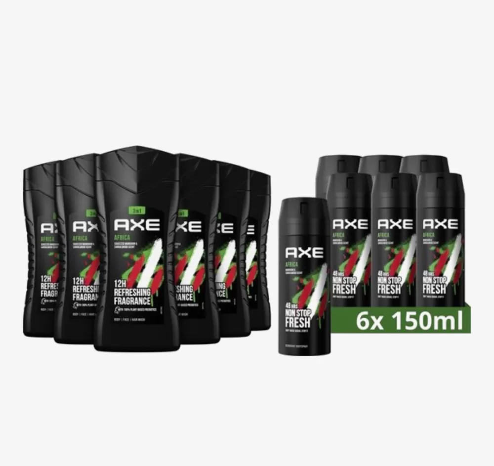 Axe Africa Combi Deal: 6 Douchegels & 6 Deodorant Sprays – 48 Uur Frisheid, Mandarijn & Sandelhout, Dermatologisch Getest, 3-in-1 Verzorging