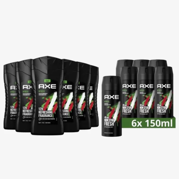 Axe Africa Combi Deal: 6 Douchegels & 6 Deodorant Sprays – 48 Uur Frisheid, Mandarijn & Sandelhout, Dermatologisch Getest, 3-in-1 Verzorging