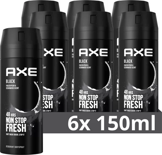 AXE Black Deodorant Bodyspray – 6 x 150 ml – Voordeelverpakking, 48 uur geur, geurbestrijdende technologie, recyclebare verpakking