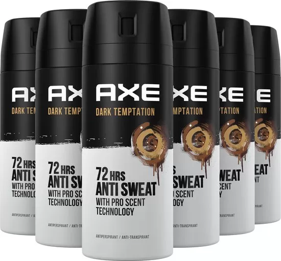 AXE Dark Temptation Anti-Transpirant Spray 6x150ml - 72 uur bescherming, onweerstaanbare chocoladegeur, dubbele werking, recyclebare verpakking