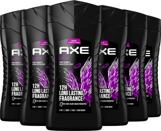 AXE Excite 3-in-1 Douchegel - 6 x 250 ml - Kokosnoot & Zwarte Peper - 12 Uur Frisheid - Gerecycled Verpakking