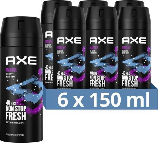 AXE Marine Deodorant Bodyspray 6x150ml - 48 uur geur, frisheid van zee & salie, geurbestrijdende technologie, recyclebare verpakking