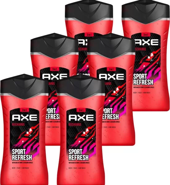 Axe 3-in-1 Douchegel, Facewash & Shampoo voor Mannen - Sport Refresh - 6x250ml Voordeelverpakking - Verkoelend Effect met Muntextracten