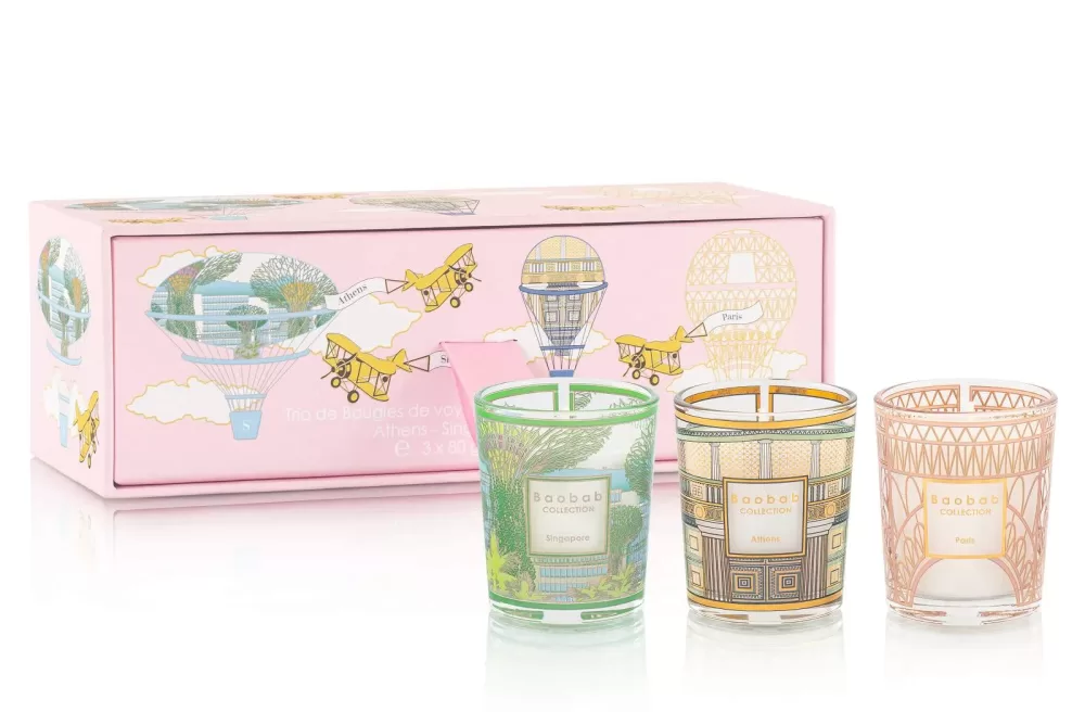 Baobab Trio Travel Candles Set - My First Baobab | Pink Box | Singapore, Athens & Paris Scents | Luxury Gift Idea