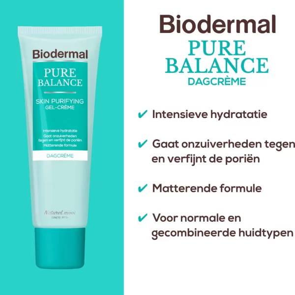 Biodermal Pure Balance Dagcrème - Hydraterende Gel-Crème met Hyaluronzuur, Matteert & Verfijnt Poriën voor Volwassen Huid met Onzuiverheden