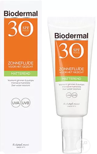 Biodermal SPF30 Matterende Zonnefluïde voor Gezicht - Hydratatie, Anti-glans, 40ml - Dermatologisch getest, Geschikt voor normale tot gemengde huid