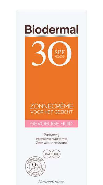 Biodermal Zonnecrème Gezicht SPF30 - 50ML voor Gevoelige Huid, Parfumvrij, Intensieve Hydratatie, Zeer Waterresistent, Geschikt voor Zwangerschap