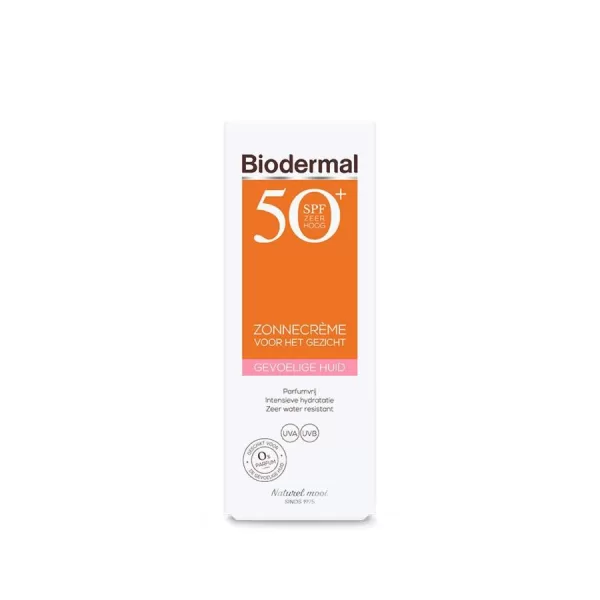 Biodermal Zonnecreme Gezicht SPF50+ voor Gevoelige Huid - 50 ml, Parfumvrij, Water Resistant, Intensieve Hydratatie, Geschikt voor Zwangerschap