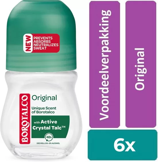 Borotalco Original Roll-On Deodorant - 6 stuks, 48 uur bescherming, hydraterend, alcoholvrij, klassieke geur, dermatologisch getest