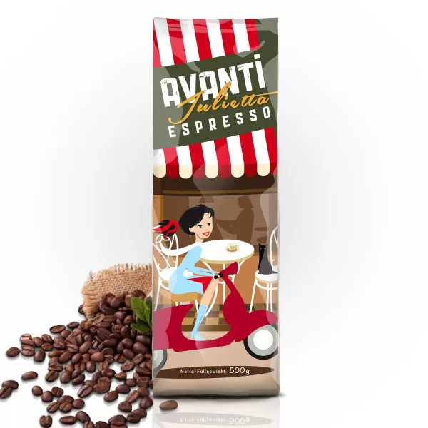 Caffè Avanti Julietta Espresso 500g - 70% Arabica, 30% Robusta, italienische Trommelröstung, kräftiger Geschmack, dicke Crema, wenig Säure