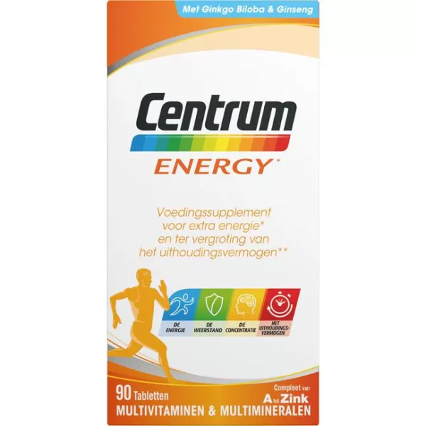 Centrum Energy Multivitaminen 90 Tabletten - Met Ginkgo Biloba & Ginseng, Ondersteunt Energie, Concentratie & Immuunsysteem, Gluten- & Lactosevrij