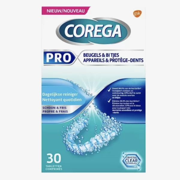 Corega Pro Beugels & Bitjes 30 Tabletten – Anti-bacteriële Reiniger voor Draadbeugels, Transparante Beugels & Sportbitjes, Doodt 99,9% Bacteriën