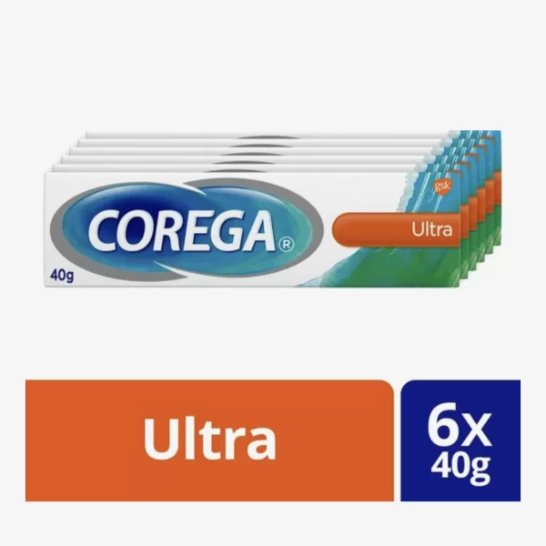 Corega Ultra Kleefcrème voor Kunstgebitten - 6x40g, Sterke Hechting, Zinkvrij, Verfrissende Muntsmaak, Voorkomt Voedselresten