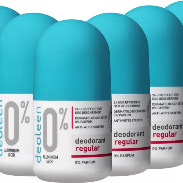 Deoleen Deodorant 0% Aluminium Regular – 6 Pack, 50 ml – 24 uur bescherming, geen witte strepen, pH neutraal, dermatologisch getest