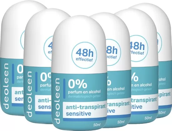 Deoleen Anti-transpirant Roller Sensitive - 50 ml, 6-pack | Hypoallergeen, 0% parfum & alcohol, 24 uur bescherming, dermatologisch goedgekeurd