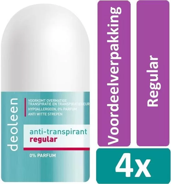 Deoleen Deodorant Roller 50ml Regular - Voordeelverpakking 4 stuks, Parfumvrij, 24u Bescherming, Hypoallergeen, Dermatologisch Aanbevolen