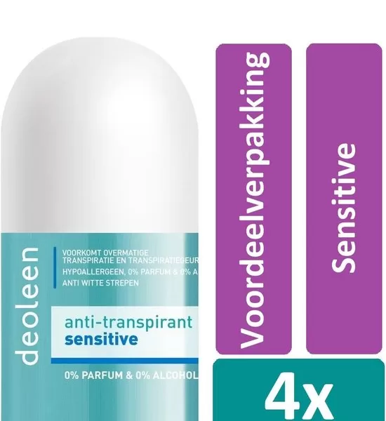 Deoleen Deodorant Roller 50 ml Sensitive – Alcoholvrij, Hypoallergeen, 24 uur Bescherming, Parfumvrij, Voor Gevoelige Huid, 4 Voordeelverpakking