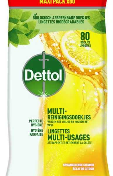 Dettol Citrus Multi-Reinigingsdoekjes - 80 Stuks, Hygiënisch, Krachtig Tegen Vet en Vuil, Geen Bleek, Frisse Geur, Voor Schoonmaak van Elke Oppervlak