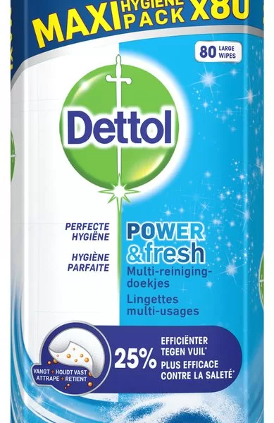 Dettol Power & Fresh Ocean Schoonmaakdoekjes - 80 Stuks, Krachtig tegen Vet en Vuil, Frisse Citrusgeur, Geen Bleek, Hygiënische Reiniging