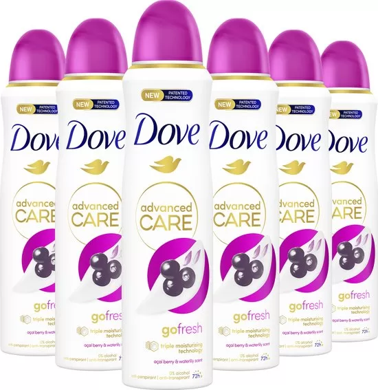 Dove Advanced Care Açaí Berry & Waterlily Anti-Transpirant Spray 6x150ml – 72 uur bescherming, hydraterend, vegan, PETA-approved