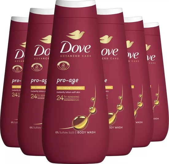 Dove Advanced Care Pro-Age Douchegel - 450ml (6-pack) - Hydratatie voor droge huid, sulfaatvrij, vegan, 24-uur MicroMoisture