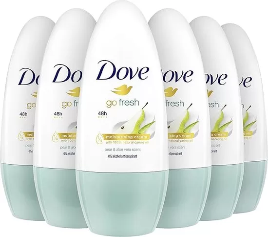 Dove Deodorant Roller Go Fresh Pear & Aloe Vera – 6 x 50 ml, 48h Schutz, milde Pflege, frischer Duft, für empfindliche Haut