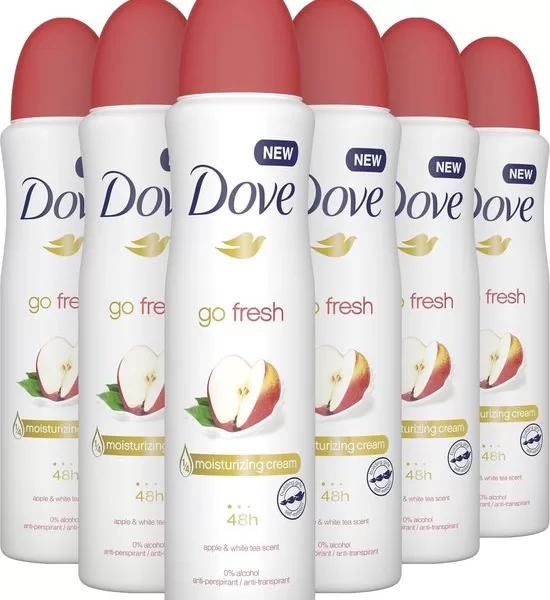 Dove Go Fresh Anti-transpirant Deodorant Apple & White Tea - 6 x 150 ml - 48 uur bescherming, 0% alcohol, hydraterende crème, voordeelverpakking