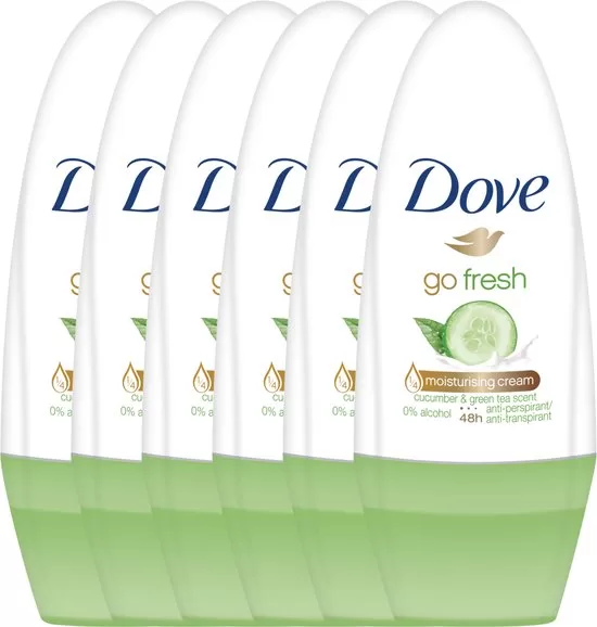 Dove Go Fresh Cucumber Anti-Transpirant Roller 6x50ml – 48h Schutz, 1/4 Pflegecreme, alkoholfrei, frischer Duft von Komkommer & Grünen Tee